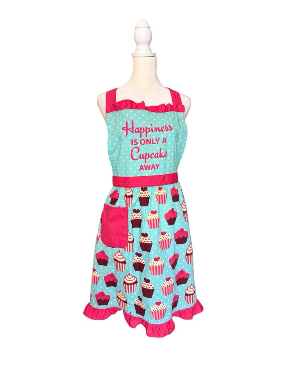 Happiness is only a cupcake away pink and teal ruffle trim bib apron 100% cotton